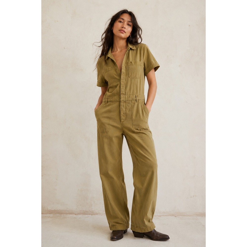 Everlane Jumpsuit Sz 10 Khaki Short Sleeve Utility Chic Relaxed Androgynous